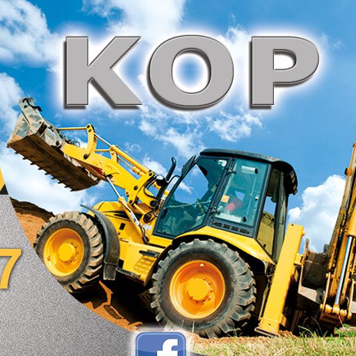 Fragment grafiki reklamowej przedstawiający żółtą koparkę podczas pracy na terenie ziemnym pod błękitnym niebem z chmurami. W górnej części widoczny jest duży, srebrny napis "KOP".